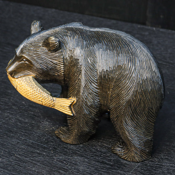 小型サイズ！！魚をくわえる木彫りの熊の置き物 DC8293 – 古福庵