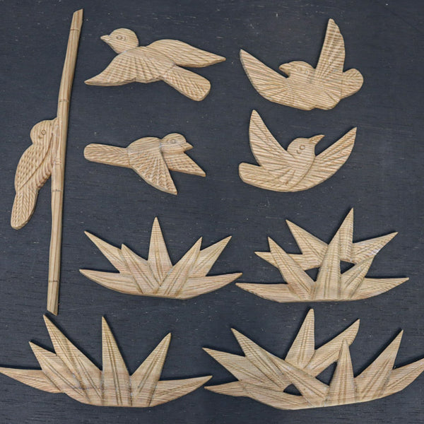 鳥と笹の葉のレリーフ彫刻9個セット DC8891b 在庫2組 – 古福庵