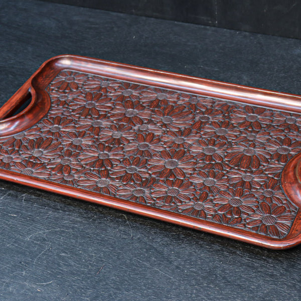 花模様を散りばめた風合い溢れる鎌倉彫の長手盆 DC8921 – 古福庵