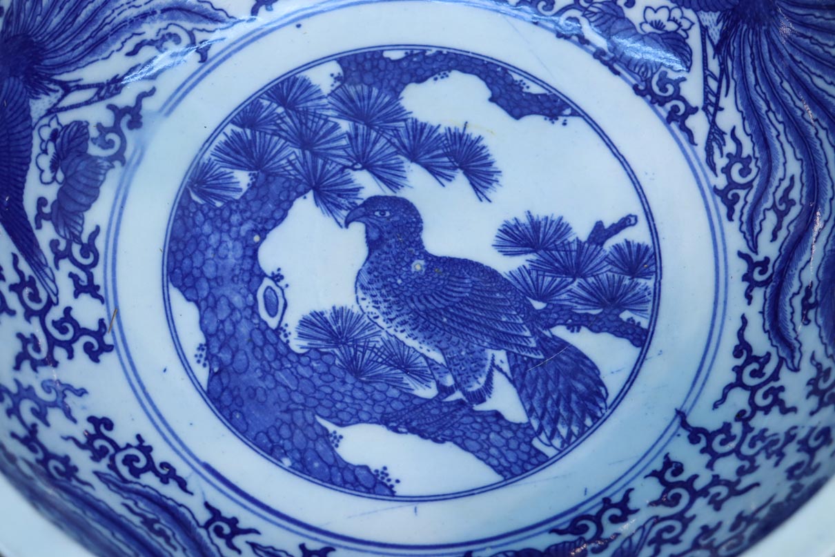 明治時代　染錦鳳凰図変形鉢　珍品　金魚鉢　メダカ　骨董　古美術　オブジェ 明治時代 染錦鳳凰図変形鉢 珍品 金魚鉢 メダカ 骨董 古美術 オブジェ