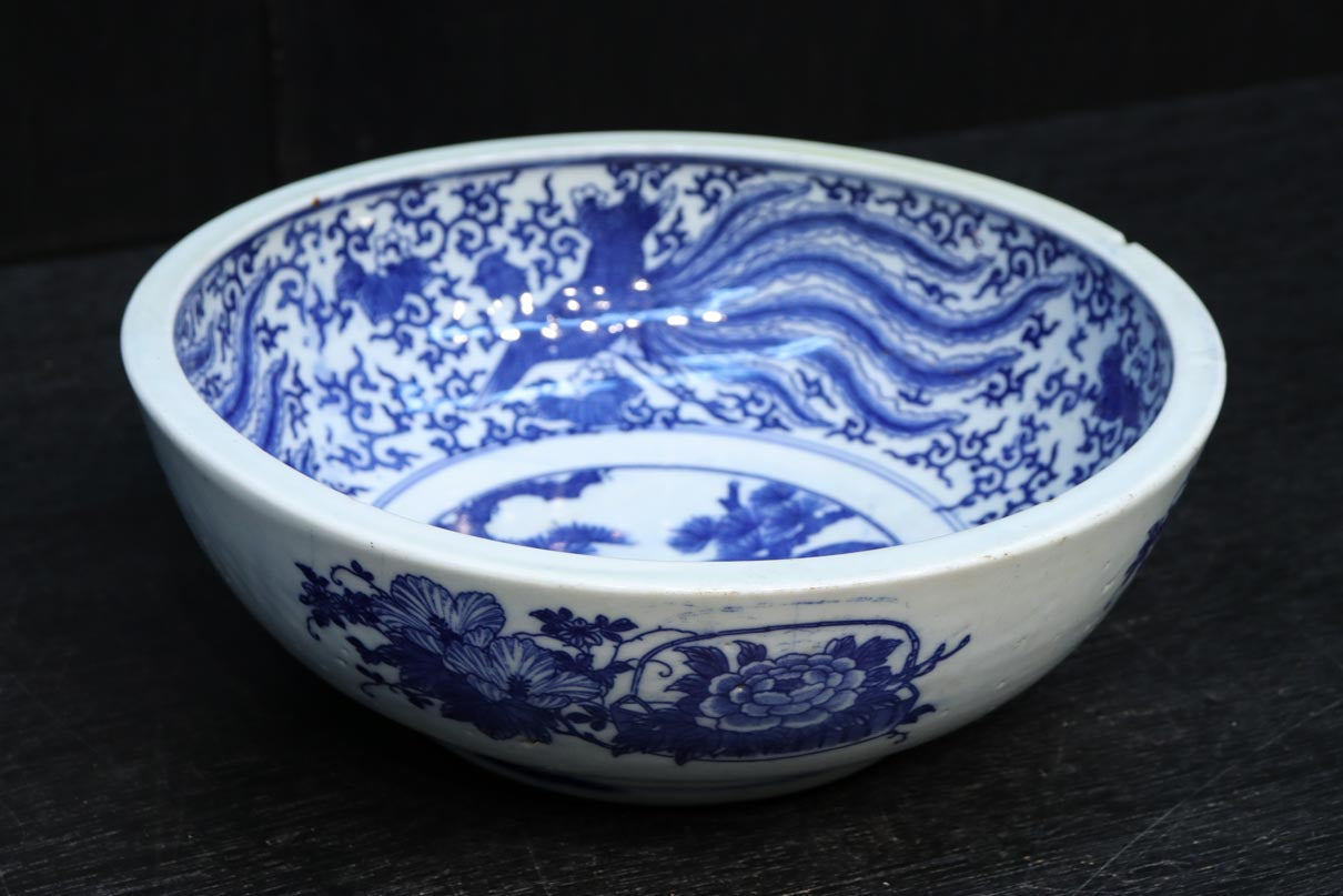 拡がりのあるフォルム✨16角✨鉢✨印判✨吉兆文様✨骨董 鷹に鳳凰の印判絵柄で上品な大鉢 DC9102 – 古福庵 [ KOFUKUAN