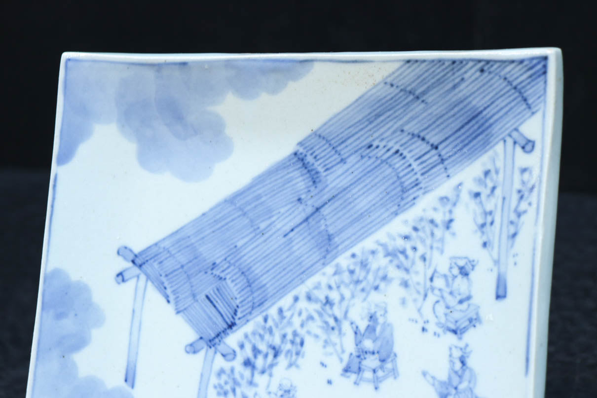 風景や植物の模様で味わいのある古伊万里の染付角皿　DC9268a-k　在庫(a:1 b:1商談中 c:0 d:1商談中 e:1商談中 f:1商談中 g:0 h:1 i:0 j:1 k:0)脚