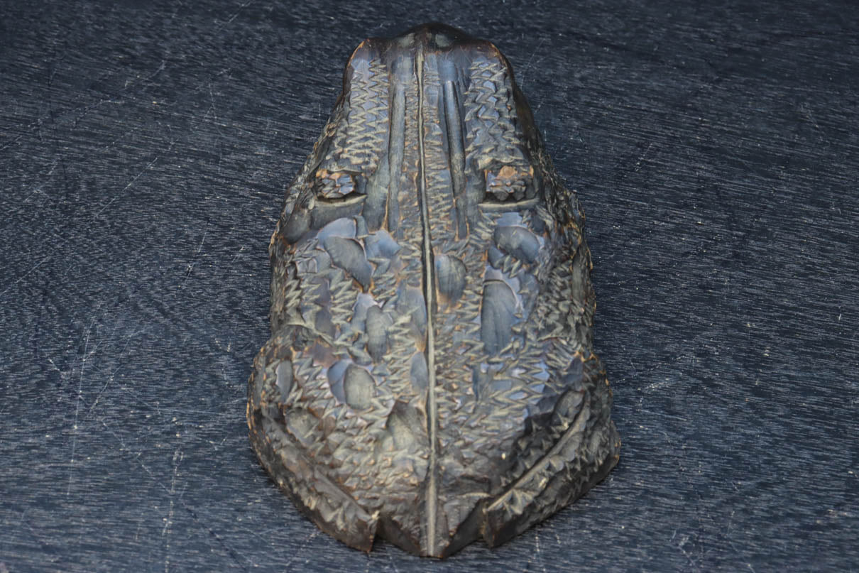 大きな目に時代を重ねた味わい深いカエルの木彫りの置物　DC9717