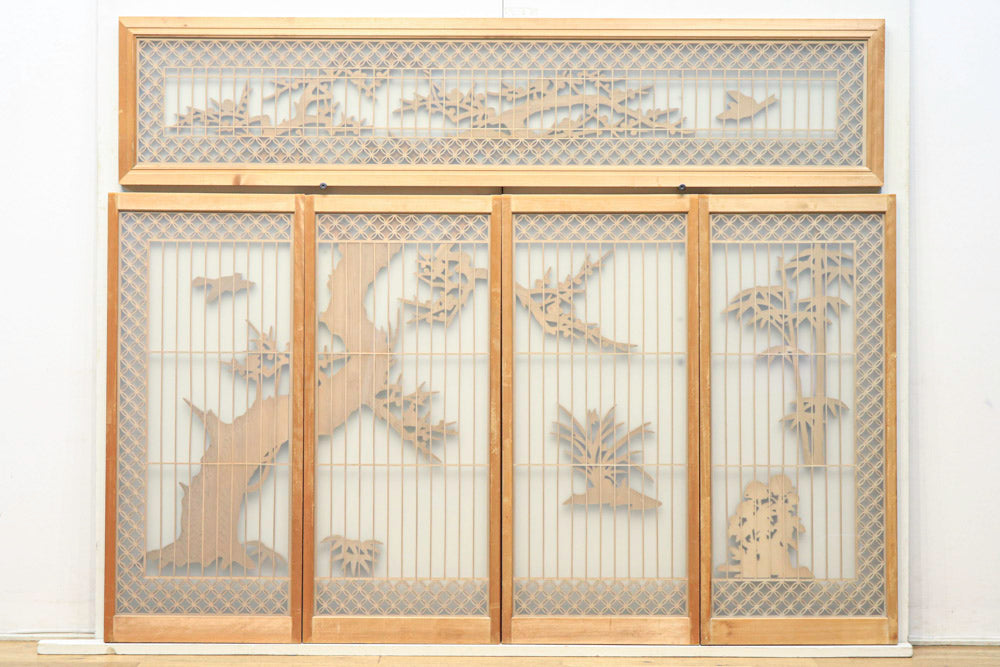 縁起良い花木の彫刻と七宝装飾で気品溢れるスリガラス入り欄間・書院セット　EZ1371　在庫5枚1組