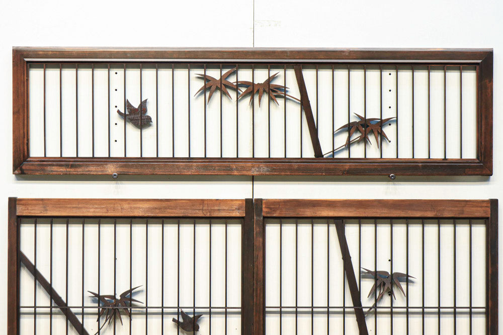 落ち着いた眺めの竹雀彫刻装飾の欄間・書院セット　EZ1372　在庫3枚1組
