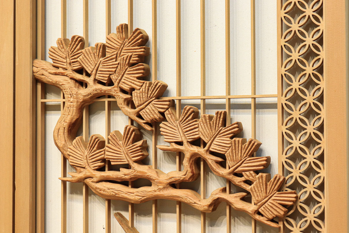 鶴松と七宝組子模様で華やぐ木地色欄間・書院セット EZ1494 在庫5枚1組