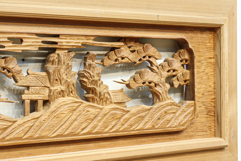 大座卓 物凄い彫刻 凄すぎる迫力 表面ガラス張り 一刀彫 美術品 幅2150ミリ!! 立体感のある風景を描いた深掘り長尺彫刻欄間 EZ2514a