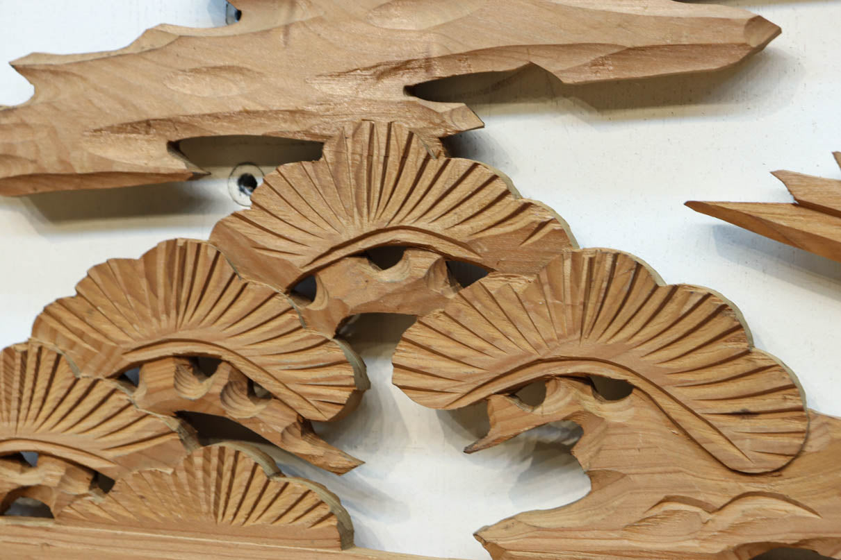 心庵】時代物 木彫 松鶴彫刻／欄間一対 レトロ 古民家 M8026