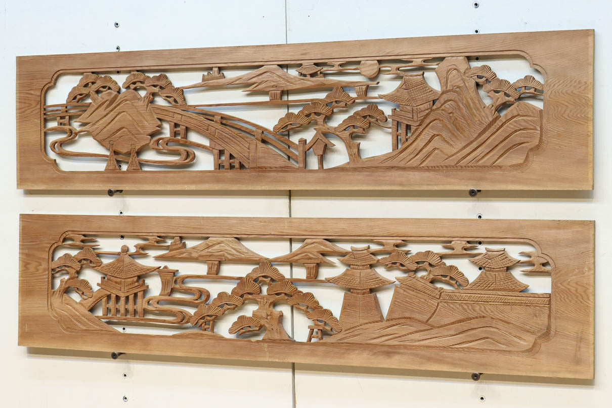 風景を丁寧に描いた彫刻欄間素材　EZ2551ab　在庫(a:1 b:1)枚