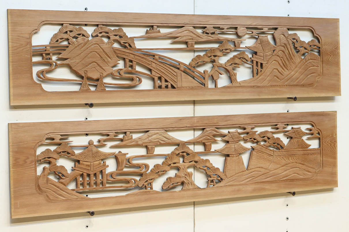 風景を丁寧に描いた彫刻欄間素材　EZ2551ab　在庫(a:1 b:1)枚