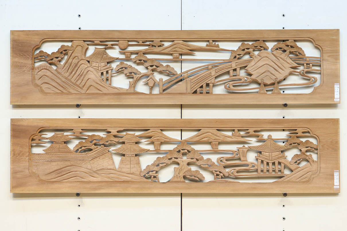 風景を丁寧に描いた彫刻欄間素材　EZ2551ab　在庫(a:1 b:1)枚