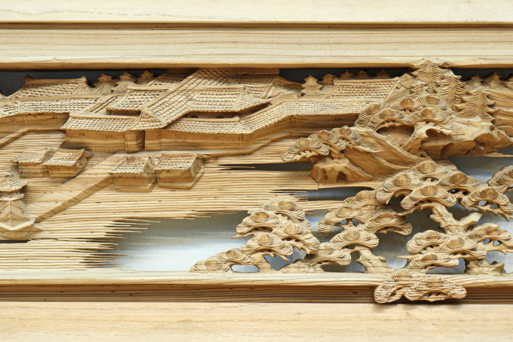 刻字木製 立体感のある構図で華やかな深彫り彫刻欄間 EZ2564ab 在庫(a:0 b:1)枚