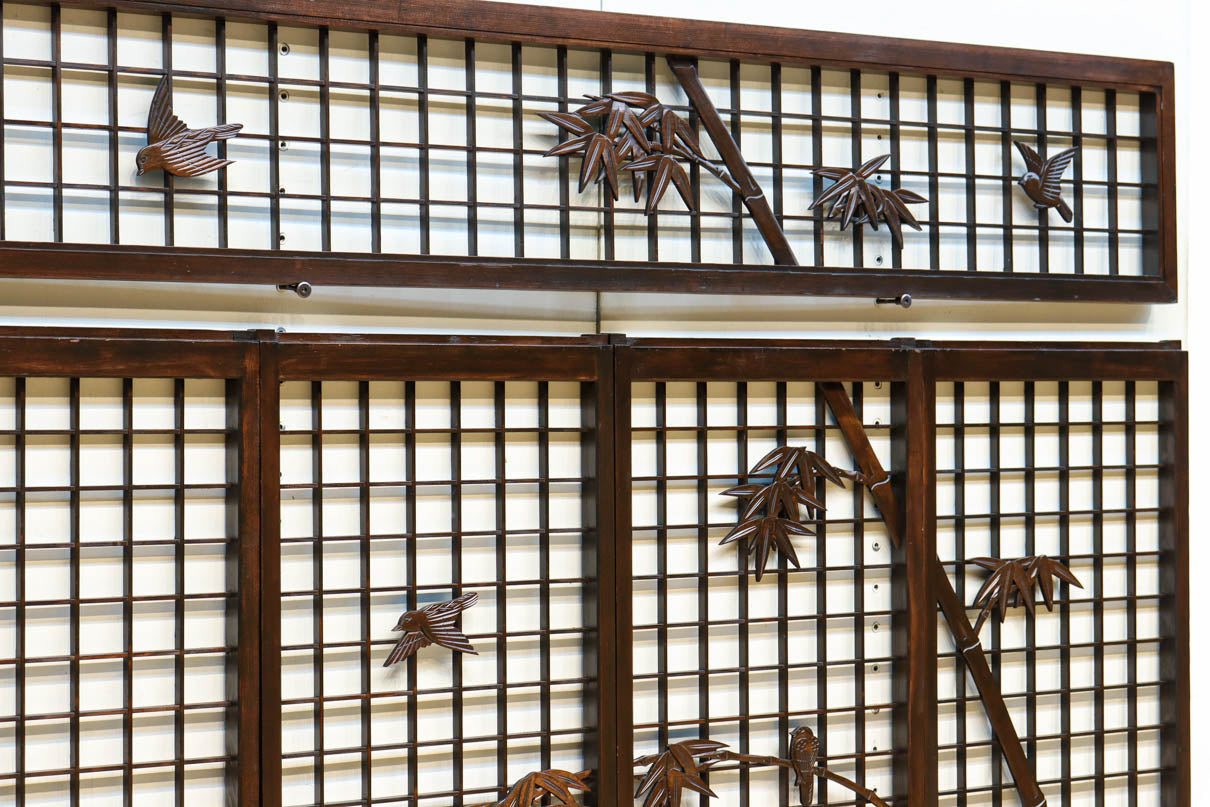 欄間 彫刻付き 落ち着いた眺めの竹雀彫刻装飾の欄間・書院セット EZ2578 在庫5