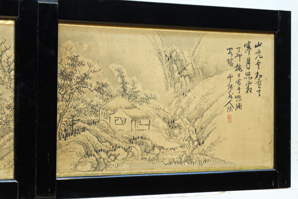 山間の湖畔周辺の風景を描いた小型襖絵建具 EZ2597 在庫4枚1組