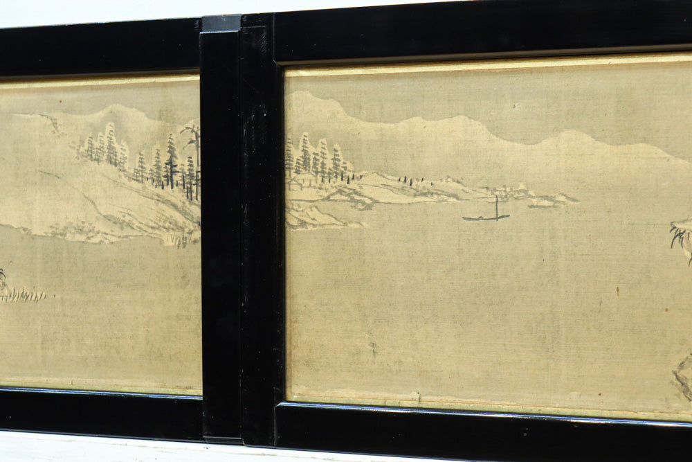 山間の湖畔周辺の風景を描いた小型襖絵建具 EZ2597 在庫4枚1組