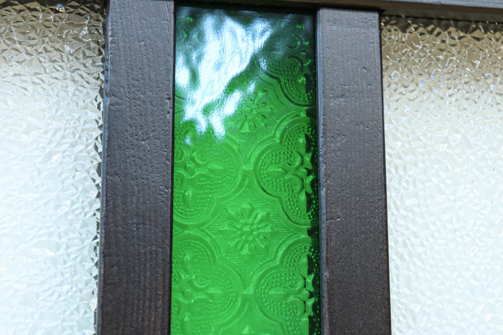 グリーンの花柄プレスガラスのレトロ感が可愛らしい中型ガラス欄間　EZ2607ab　在庫(a:1 b:0)枚