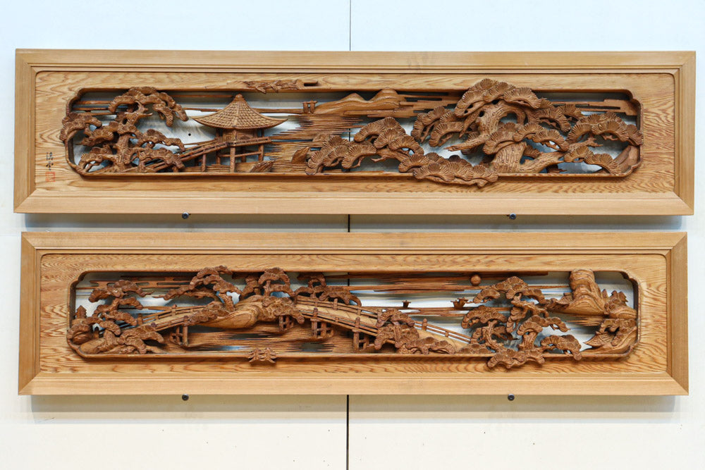 美しい風景を迫力ある深彫り彫刻で描いた彫刻欄間 EZ2620ab 在庫(a:1 b