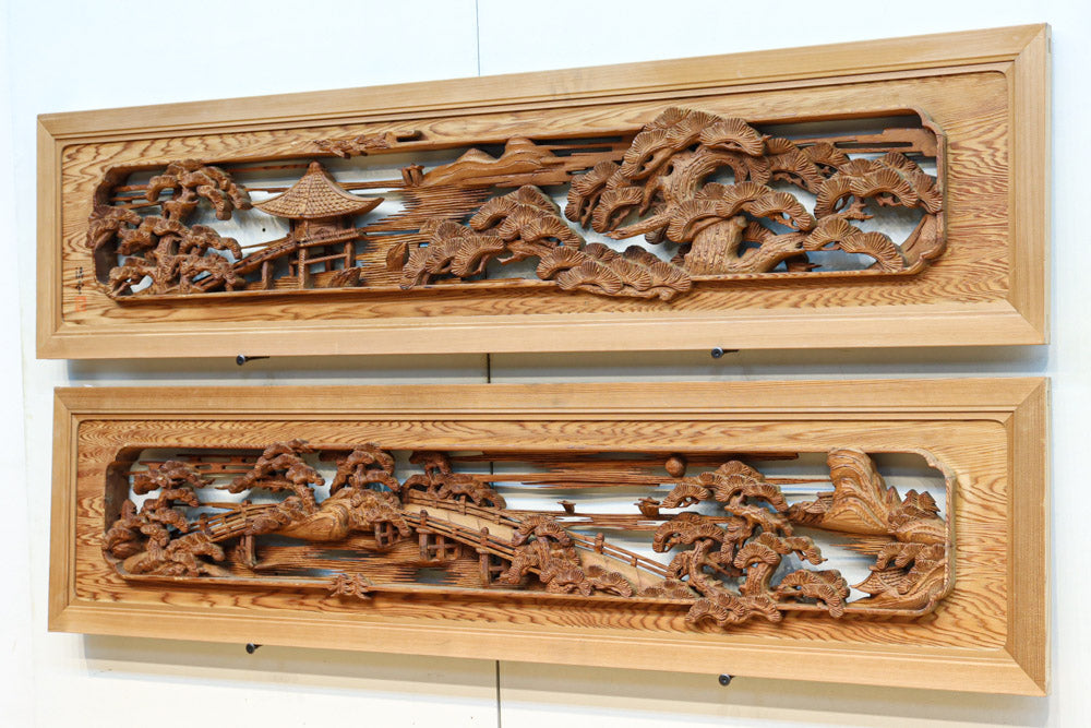 美しい風景を迫力ある深彫り彫刻で描いた彫刻欄間 EZ2620ab 在庫