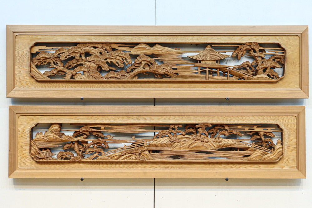 欄間 彫刻付き 美しい風景を迫力ある深彫り彫刻で描いた彫刻欄間 EZ2620ab 在庫