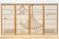 富士の頂と投網装飾が引き立つ風景を描いた書院セット　EZ2826　在庫4枚1組