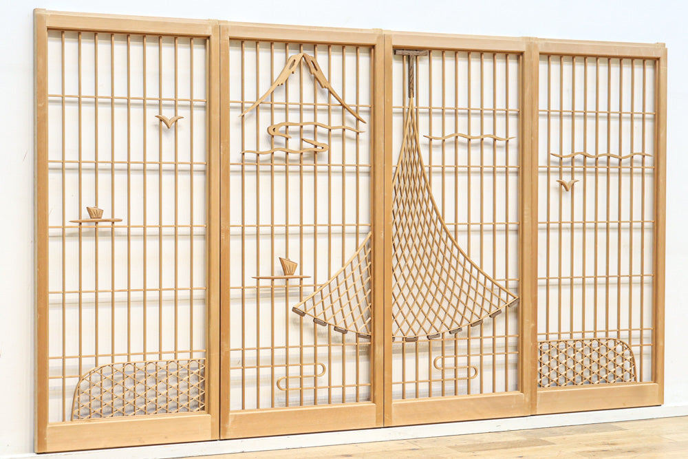 富士の頂と投網装飾が引き立つ風景を描いた書院セット　EZ2826　在庫4枚1組