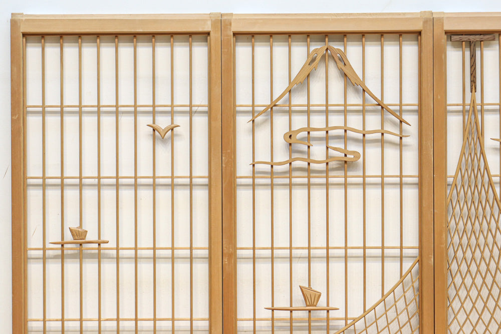 富士の頂と投網装飾が引き立つ風景を描いた書院セット　EZ2826　在庫4枚1組