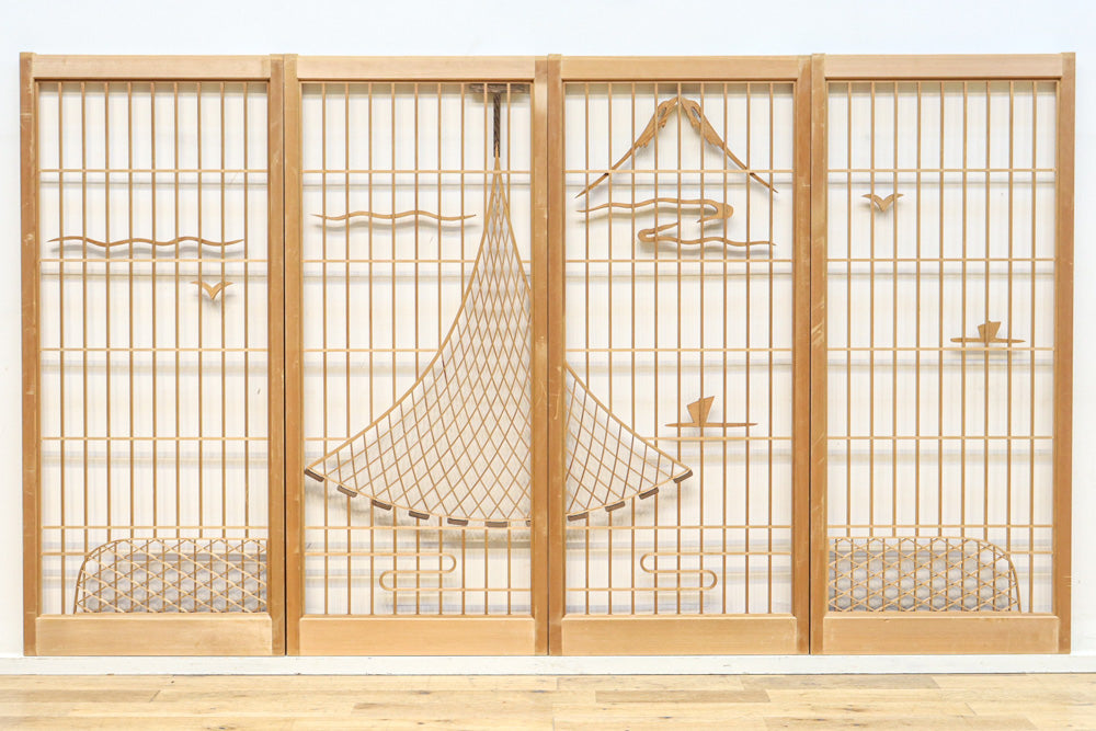 富士の頂と投網装飾が引き立つ風景を描いた書院セット　EZ2826　在庫4枚1組