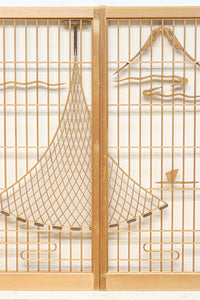 富士の頂と投網装飾が引き立つ風景を描いた書院セット　EZ2826　在庫4枚1組