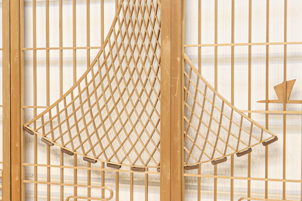 富士の頂と投網装飾が引き立つ風景を描いた書院セット　EZ2826　在庫4枚1組