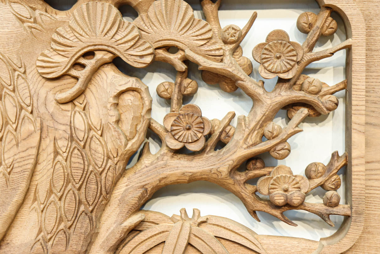 鶴や松竹梅を描いた華やかな眺めの深彫り欅彫刻欄間　EZ2833ab　在庫(a:1 b:1)枚