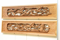 優しく温かみある色彩で鶴と松の彫刻装飾が映える深彫り彫刻欄間　EZ2834ab　在庫(a:1 b:1)枚