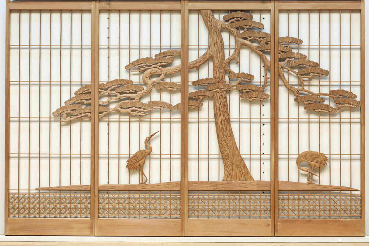 巨木の松と鶴の絵柄で風情ある欄間・書院セット　EZ2848　在庫5枚一組