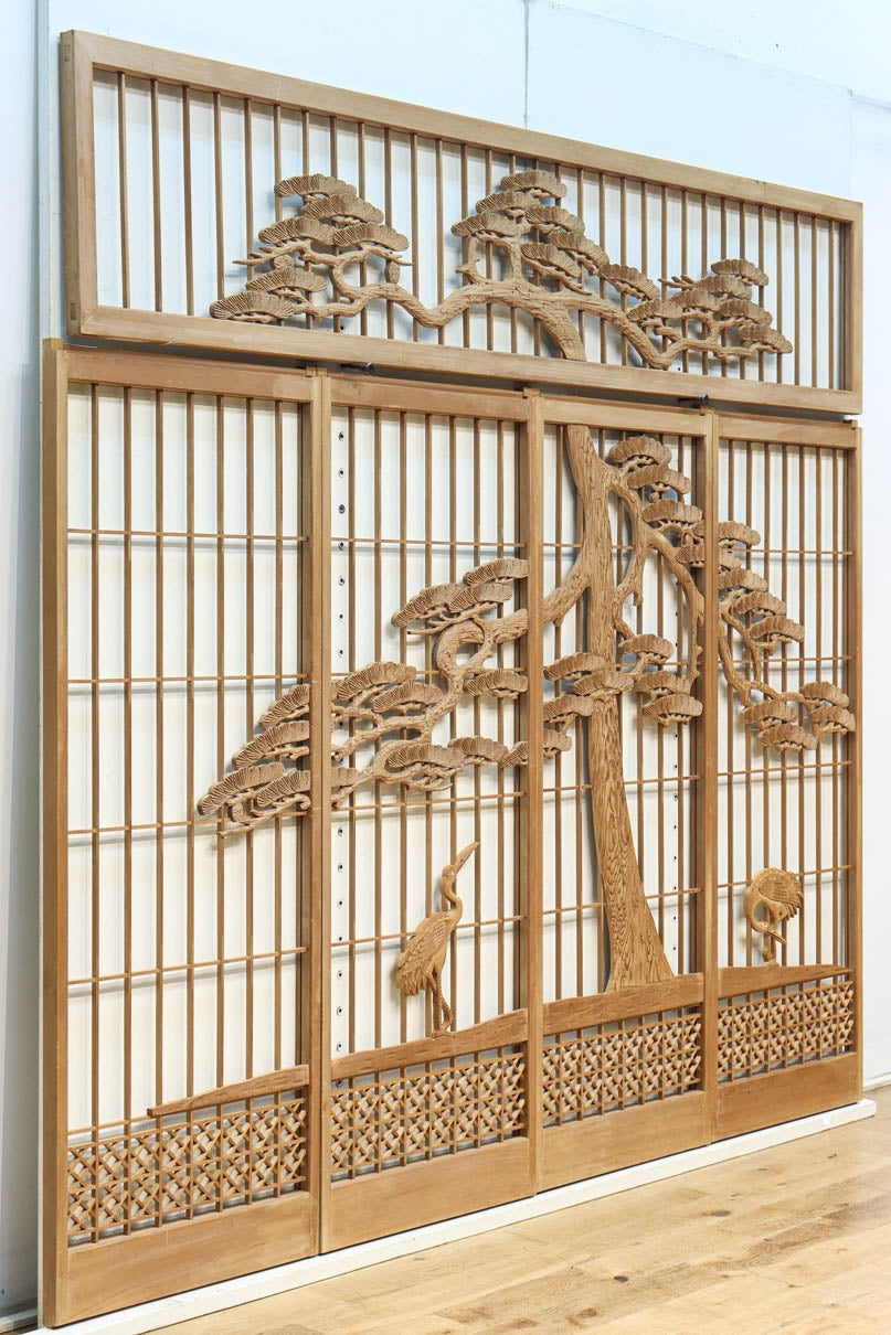 巨木の松と鶴の絵柄で風情ある欄間・書院セット　EZ2848　在庫5枚一組