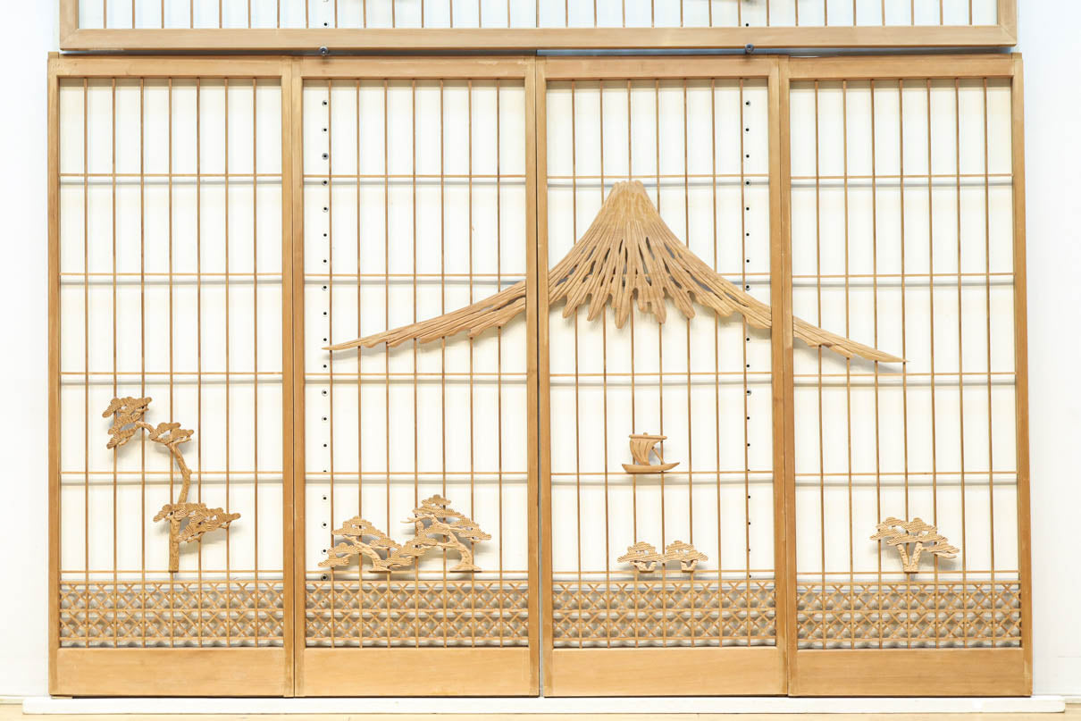 富士山を遠景に鶴松の風景を描く欄間・書院セット　EZ2849　在庫5枚1組