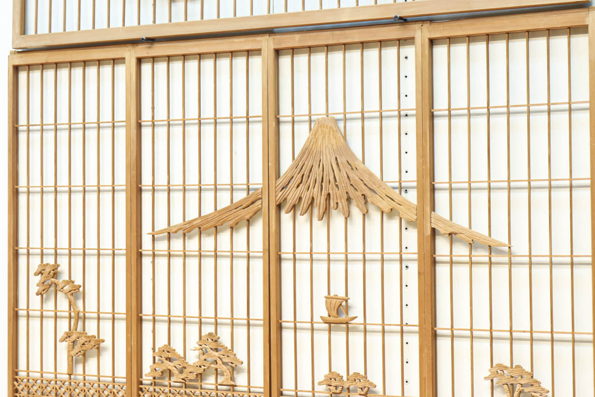 富士山を遠景に鶴松の風景を描く欄間・書院セット　EZ2849　在庫5枚1組