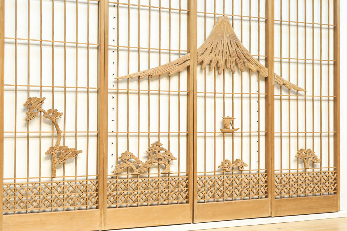 富士山を遠景に鶴松の風景を描く欄間・書院セット　EZ2849　在庫5枚1組