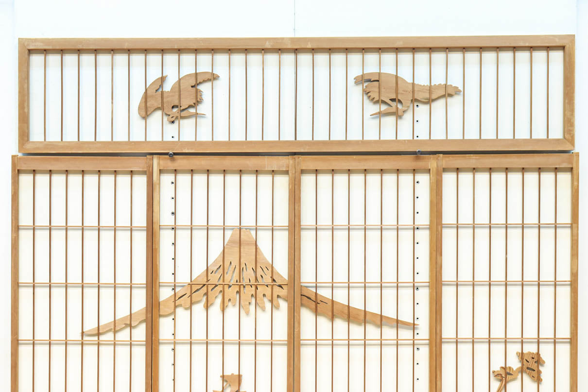 富士山を遠景に鶴松の風景を描く欄間・書院セット　EZ2849　在庫5枚1組