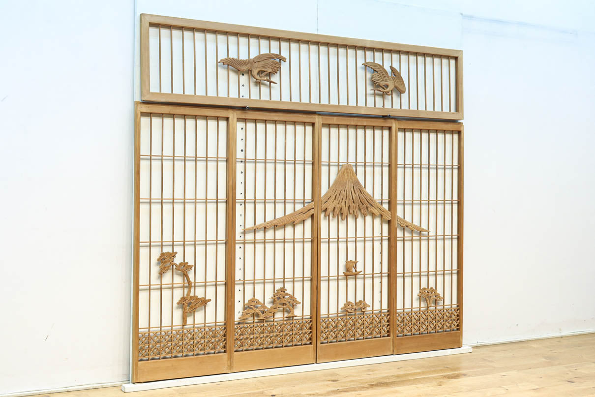 富士山を遠景に鶴松の風景を描く欄間・書院セット　EZ2849　在庫5枚1組