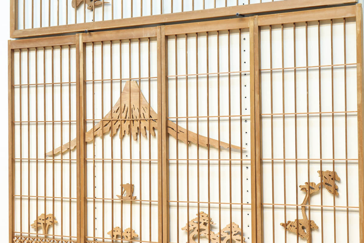 富士山を遠景に鶴松の風景を描く欄間・書院セット　EZ2849　在庫5枚1組