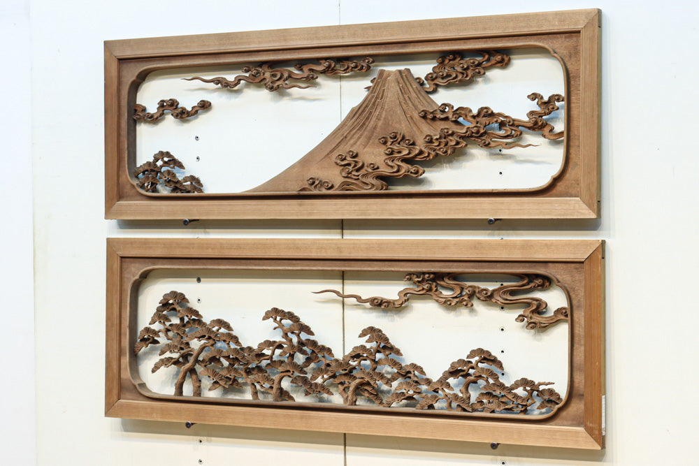 富士山と松林の風情溢れる彫刻欄間 EZ2853 2枚1組 – 古福庵 [ KOFUKUAN