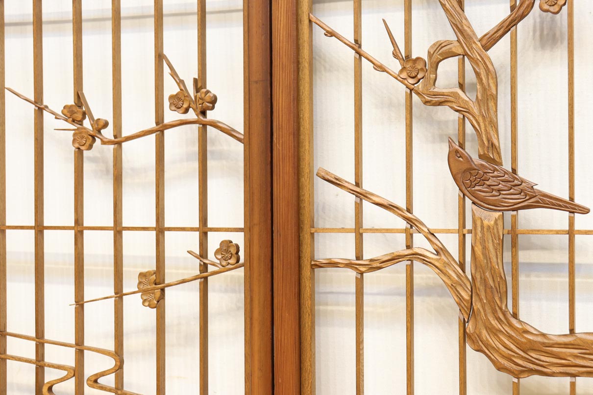 梅の木に鶯が羽を休める風景を描いた書院セット　EZ2889　在庫2枚一組