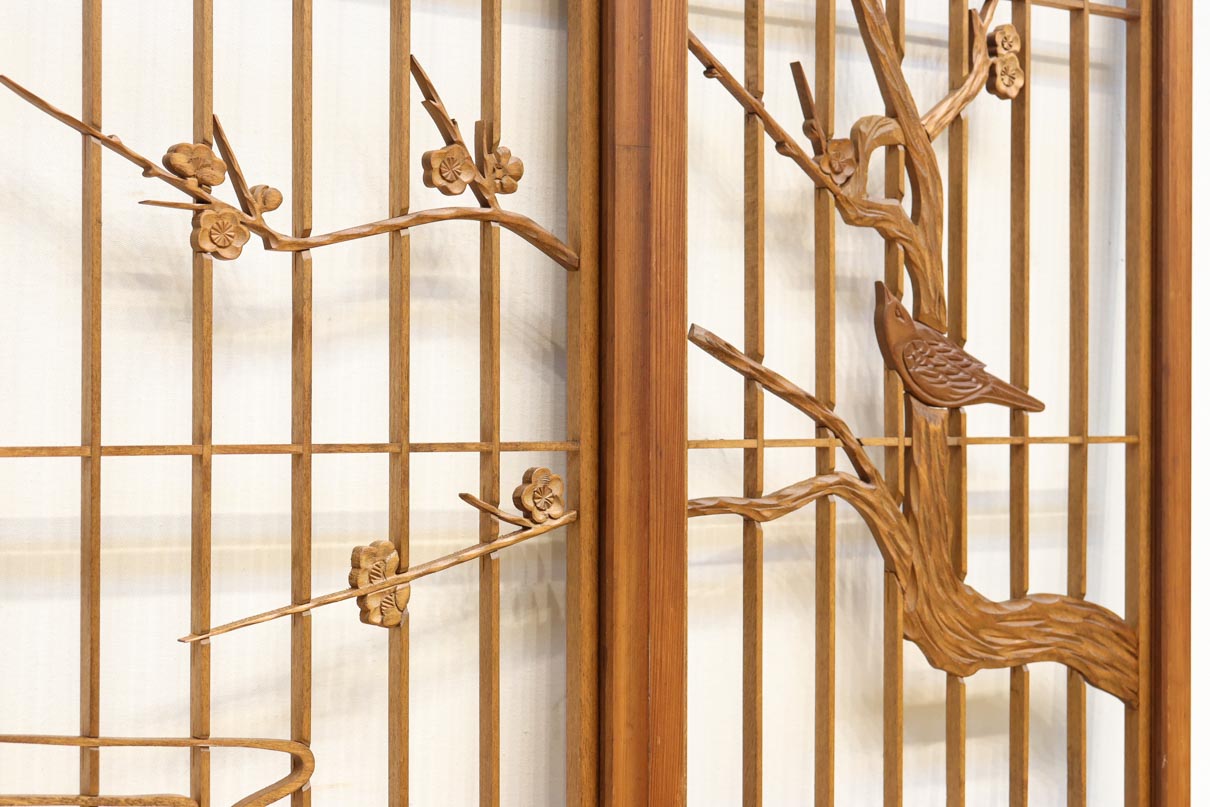 梅の木に鶯が羽を休める風景を描いた書院セット　EZ2889　在庫2枚一組