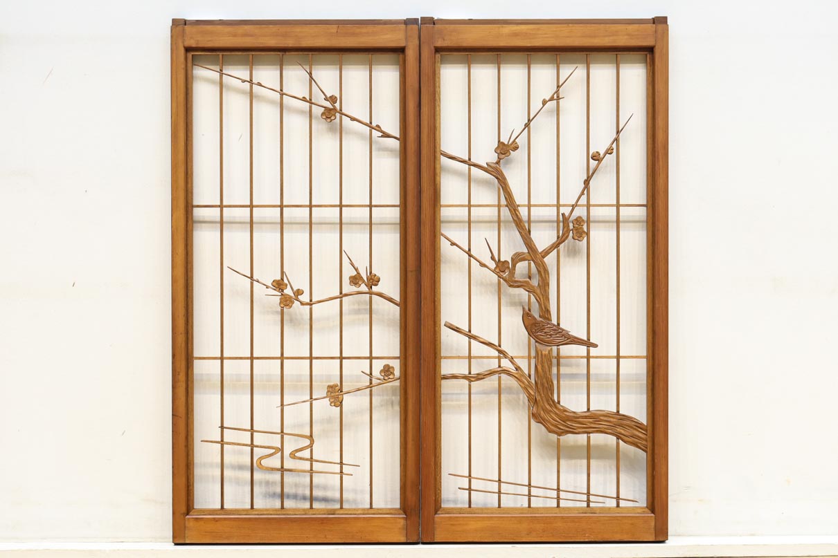 梅の木に鶯が羽を休める風景を描いた書院セット　EZ2889　在庫2枚一組