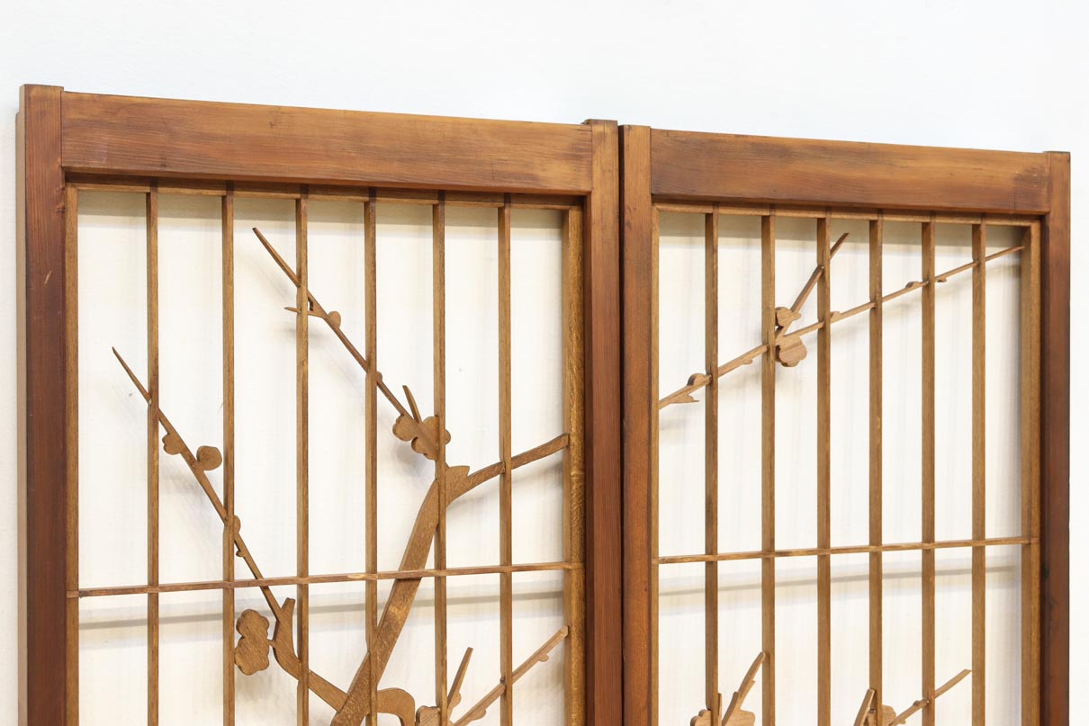 梅の木に鶯が羽を休める風景を描いた書院セット　EZ2889　在庫2枚一組