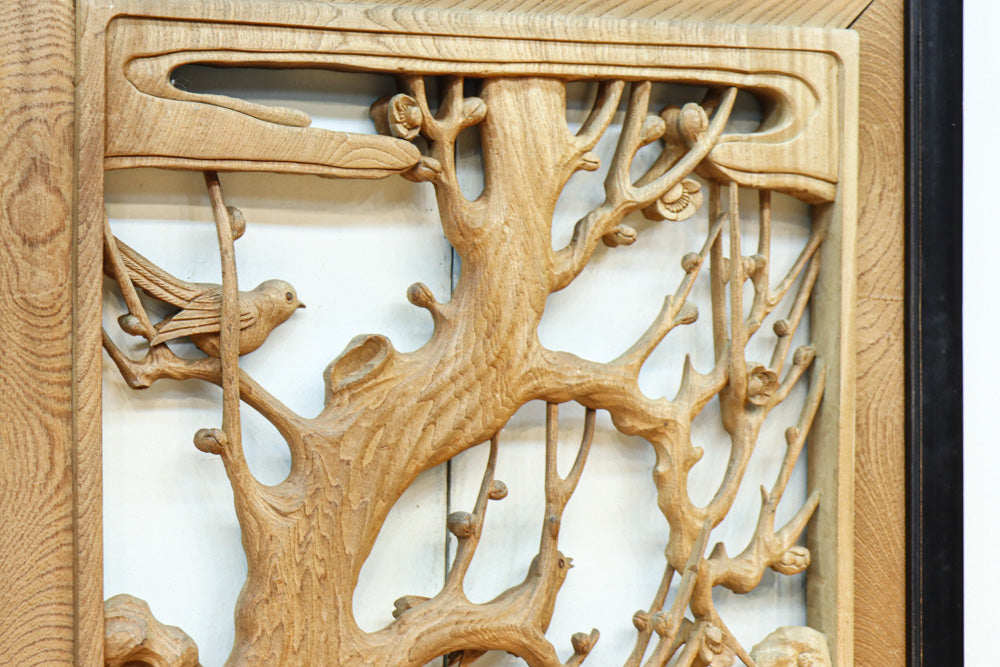 稀少サイズ‼︎ 梅の木にウグイスが静かに佇む風景が魅力の彫刻欄間　EZ3002　在庫1枚