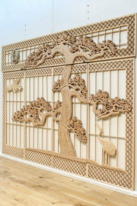 七宝組子模様が華やかな力強い松の巨木を描いた欄間・書院素材セット　EZ3048　在庫5枚1組