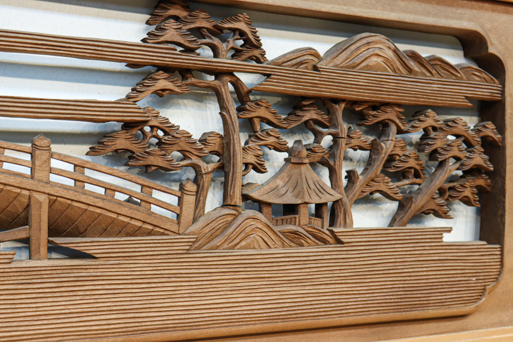 大珍品幅3488ミリ 高さ438ミリ！！迫力ある松竹梅と清閑な風景を細やかに描いた長尺彫刻欄間　EZ3049ab　在庫(a:1 b:1)枚