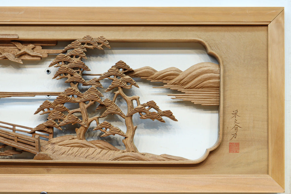 繊細な彫刻で描かれた近江八景が深彫り彫刻欄間　EZ3075ab　在庫(a:1 b:1)枚