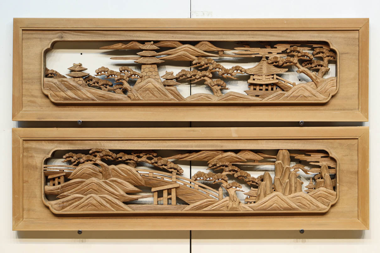 近江八景の清閑な風景を描いた深彫り彫刻欄間　EZ3078ab　在庫(a:1 b:1)枚