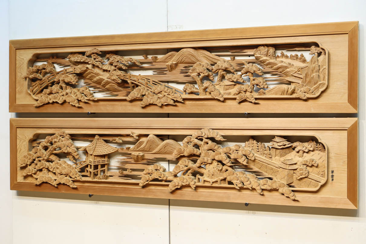 近江八景の風景を豪胆な深彫りで描いた彫刻欄間　EZ3079ab　在庫(a:1 b:1)枚